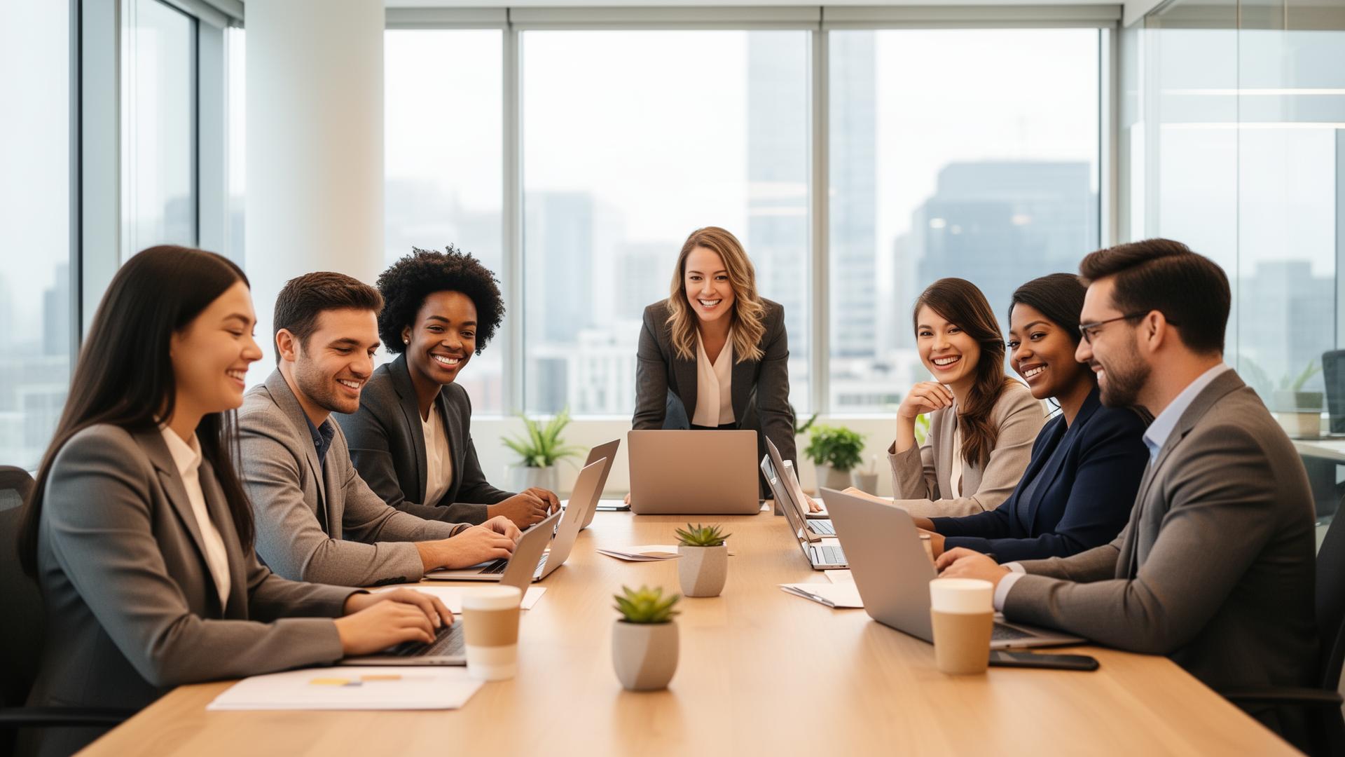 Diverse team of professionals collaborating in a modern office